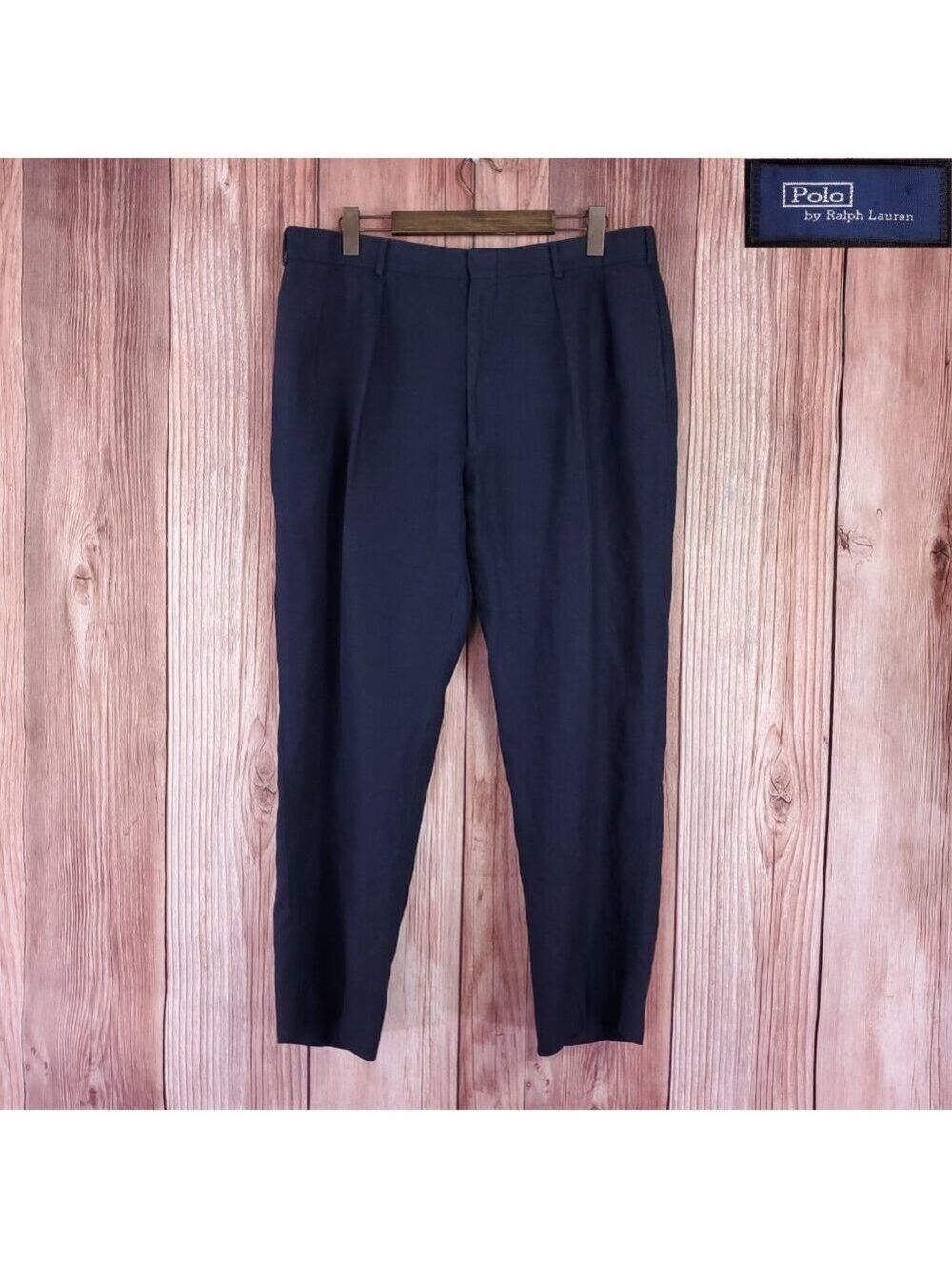Vintage 80s 90s Polo Ralph Lauren 100% Linen Pants Mens 38 Pleated Navy Blue